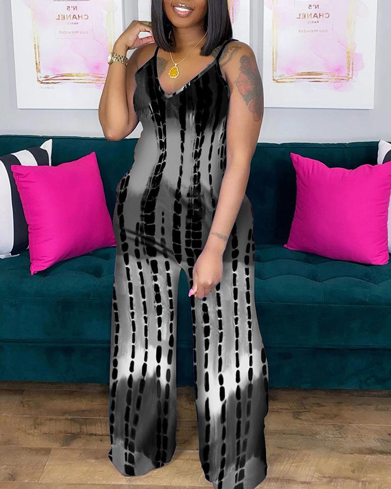

Tie Dye Print Spaghetti Strap V Neck Jumpsuit, Gray