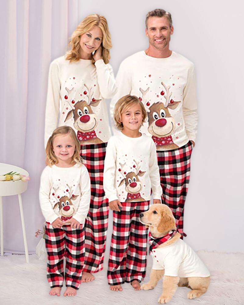 

Christmas Moose Print Plaid Pajamas Set For Kids, White