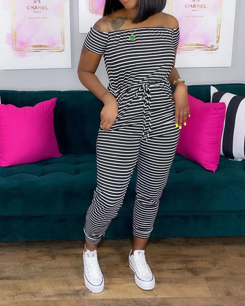 

Striped Print Off Shoulder Drawstring Jumpsuit, Black