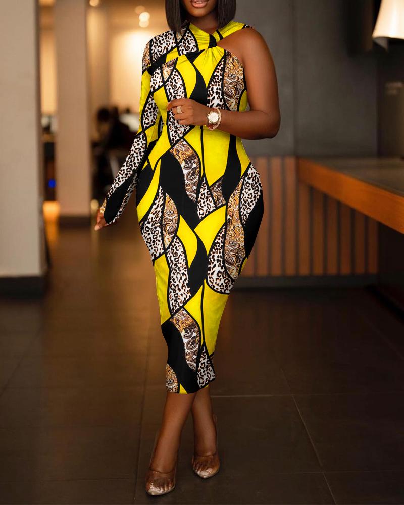 

Baroque Leopard Print One Shoulder Twisted Party Dress, Yellow