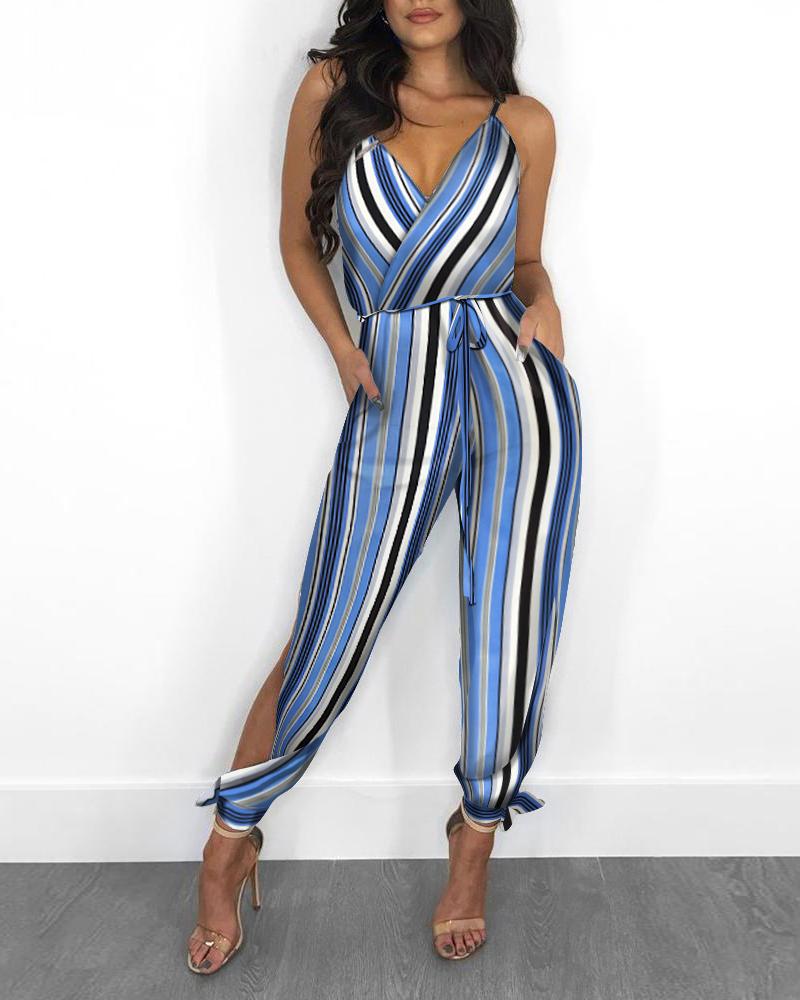 

Striped Colorblock Pocket Design Slit Leg Jumpsuit, Blue