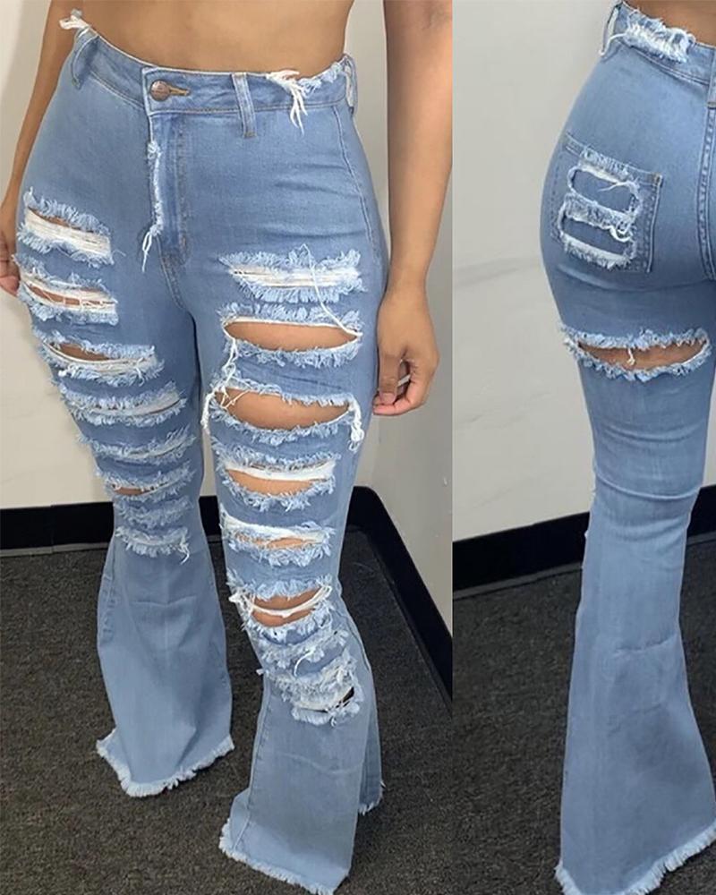 

High Stretch Cutout Ripped Raw Hem Flare Leg Jeans, Blue
