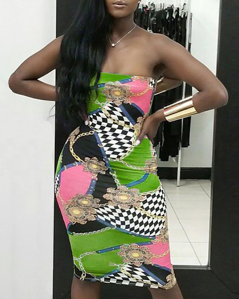 

Off Shoulder Sleeveless Print Bodycon Dress, Green