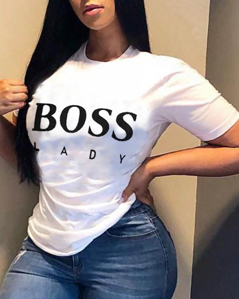 

T-shirt Letter Print Short Sleeve Daily Tops 100% Cotton Basic Casual Tee, White