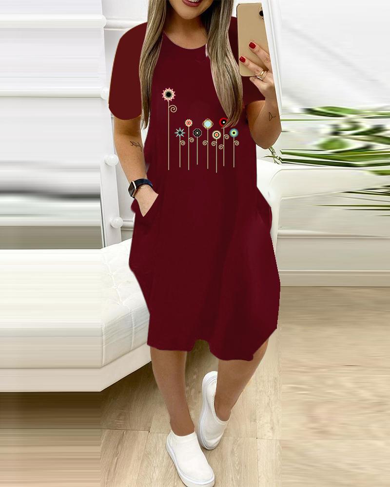 

Cartoon Flower Print Short Sleeve Midi Dress With Pockets, Wine red