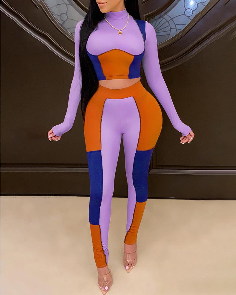 

Colorblock Long Sleeve Top & High Waist Pants Set, Purple