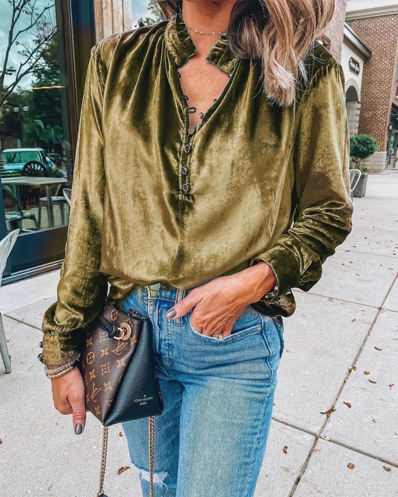 

Long Sleeve Button Front Velvet Top, Green
