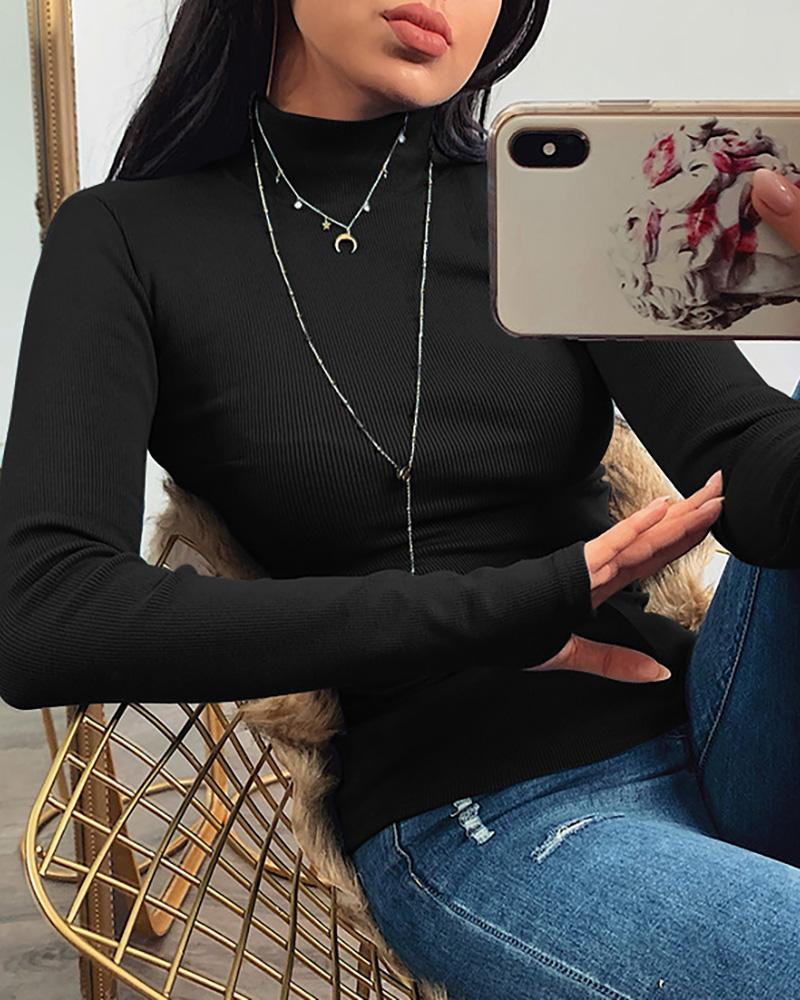 

High Neck Long Sleeve Knit Sweater, Black
