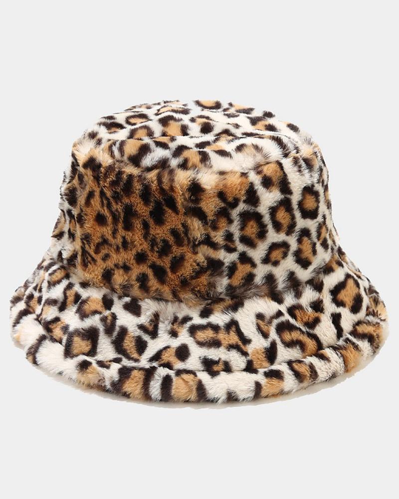 

Leopard Fuzzy Winter Thermal Bucket Hat, Khaki