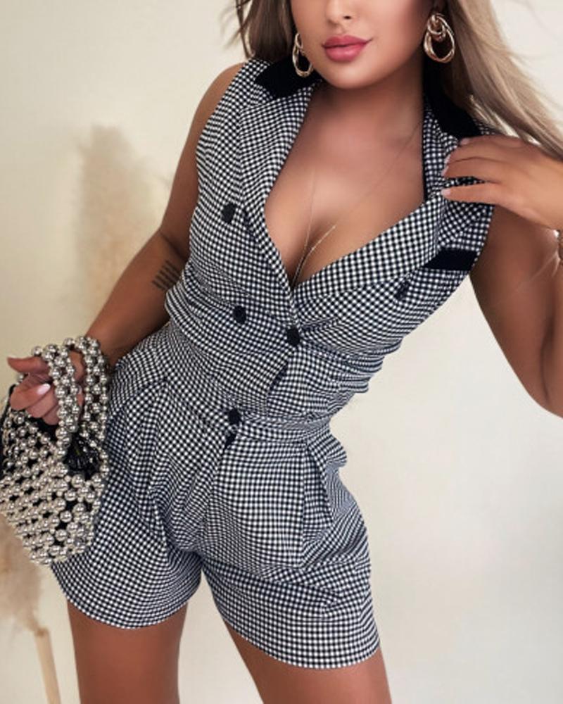 

Plaid Print Double Breasted Blazer Vest & Shorts Set, Black