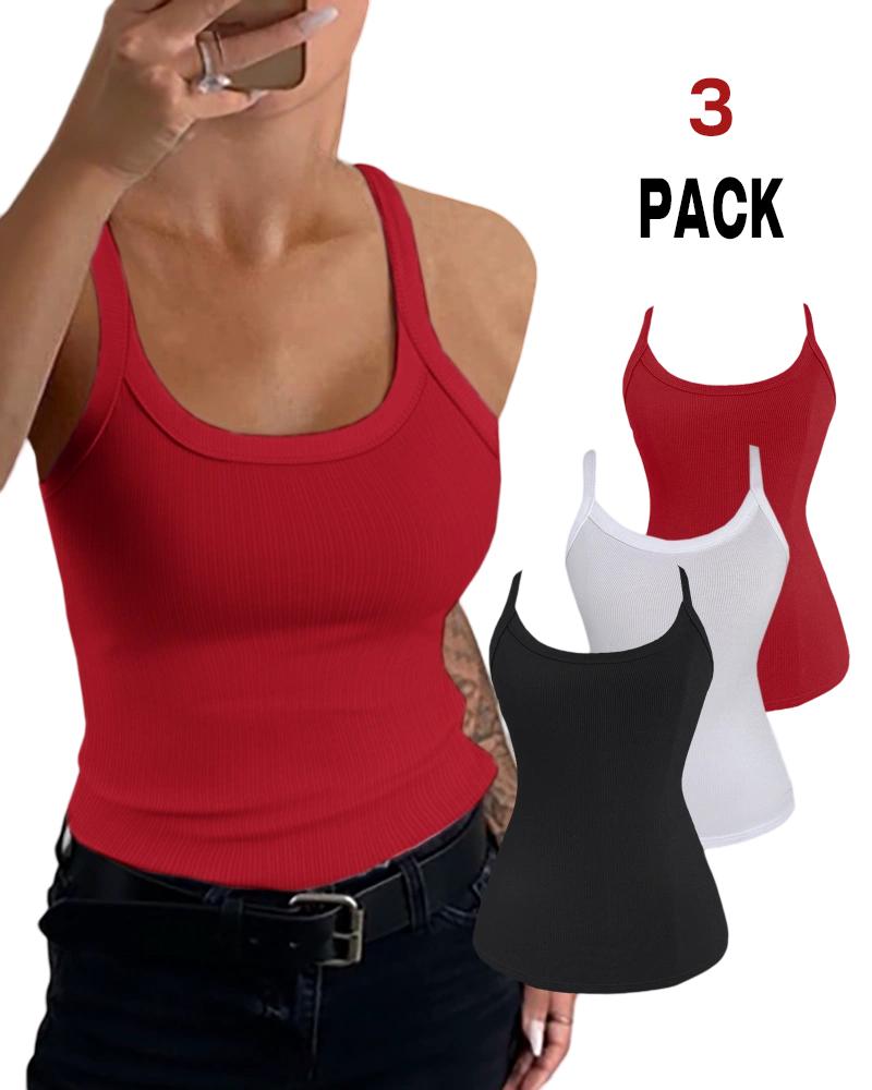 

3 Pieces Scoop Neck Spaghetti Strap Ribbed Top Casual Sleeveless Slim Fit Tank, Style4