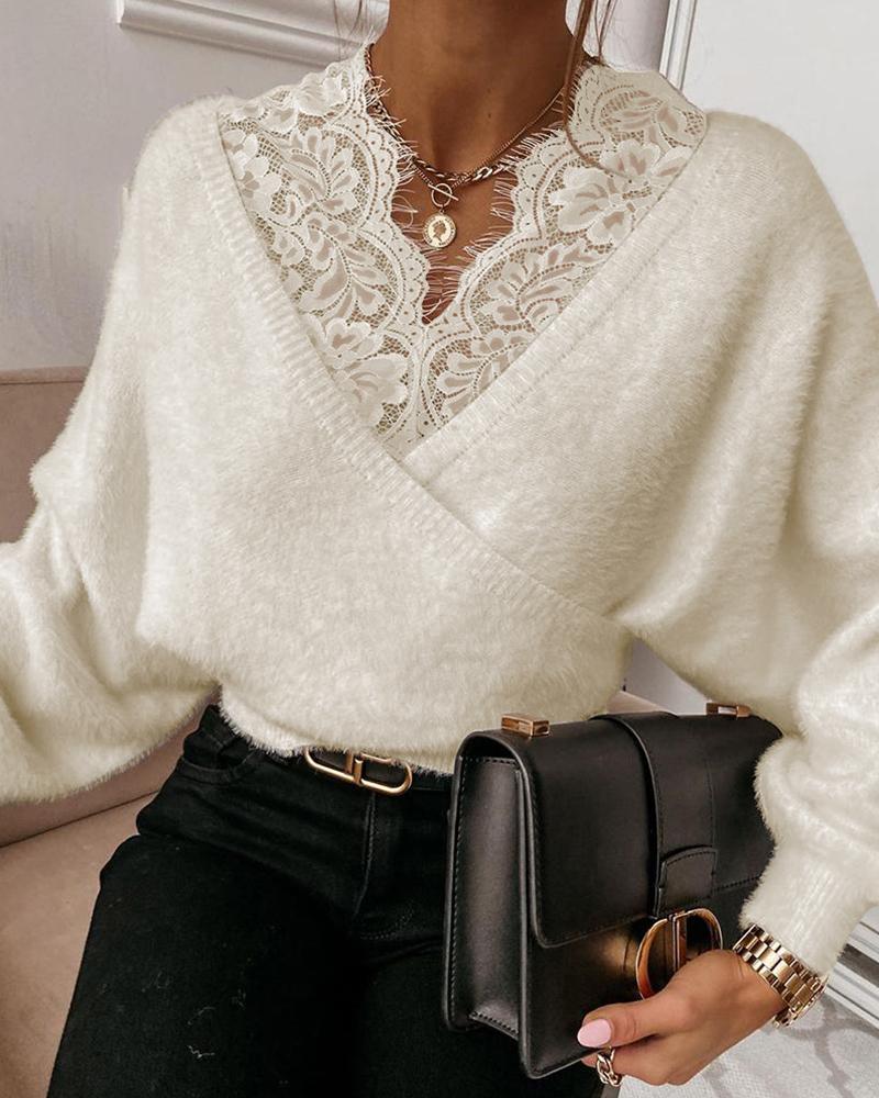 

Lace Trim Long Sleeve Top, Apricot