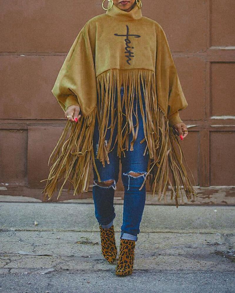 

High Neck Letter Print Lantern Sleeve Tassel Design Top, Khaki