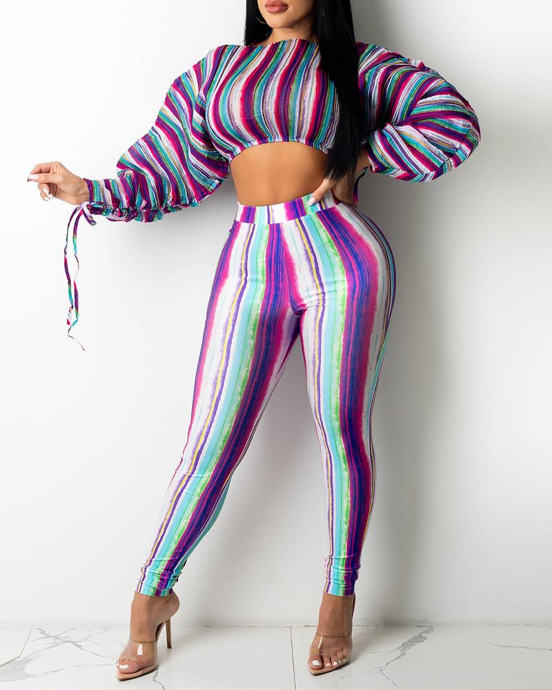 

Rainbow Stripe Drawstring Lantern Sleeve Crop Top & Pants Set, Purple