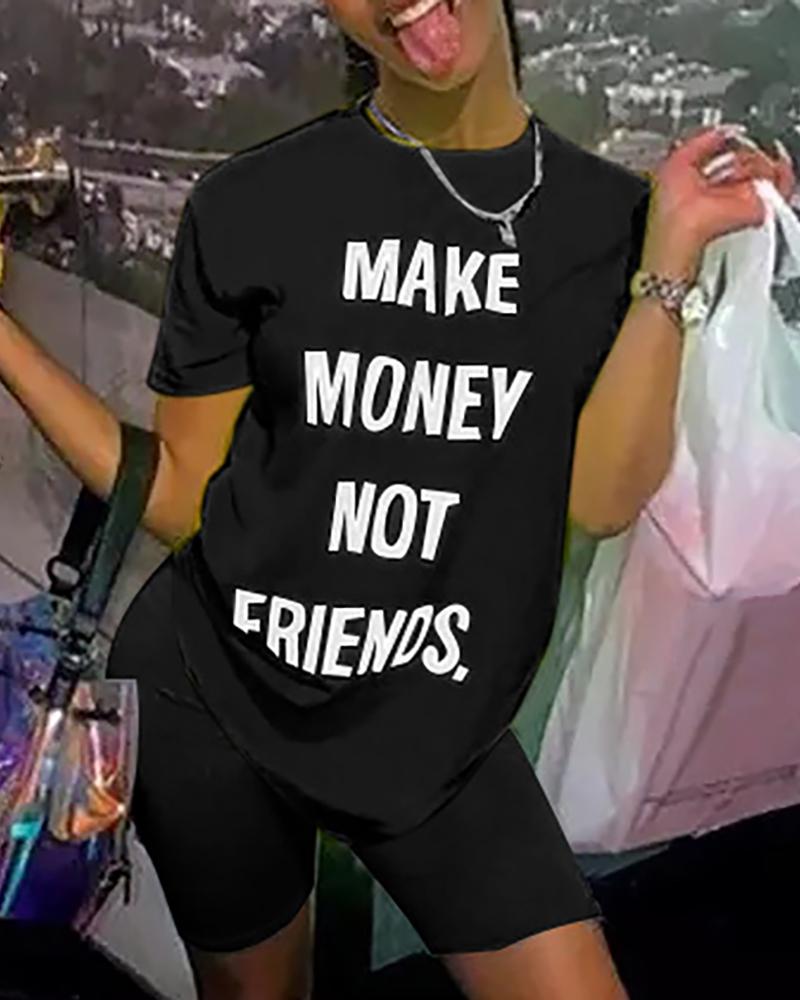 

Letter Print Casual Top & Shorts Set, Black