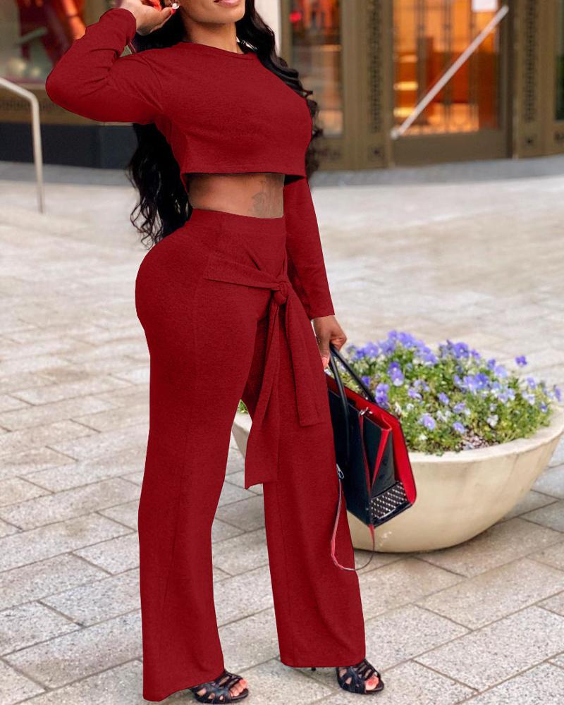 

Long Sleeve Crop Top & Tie Front Pants Set, Wine red