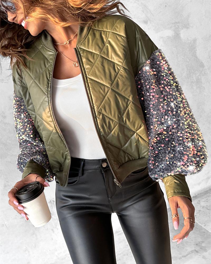 

Chaqueta acolchada con diseño de cremallera y lentejuelas en contraste, Army green