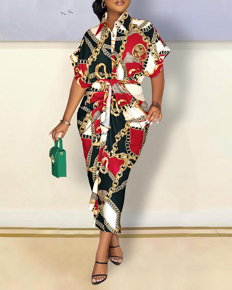 

Scarf Chain Print Ruched Button Down Shirt Dress, Multicolor