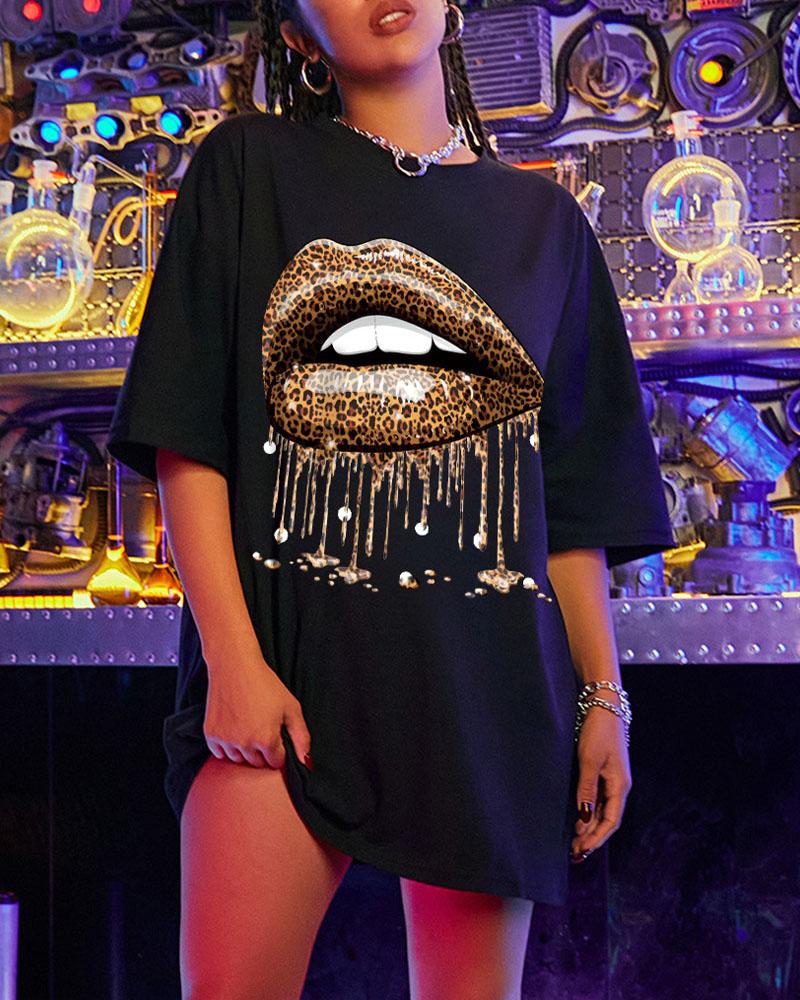 

Leopard Lip Print Casual T-shirt Oversized Graphic Tee, Black