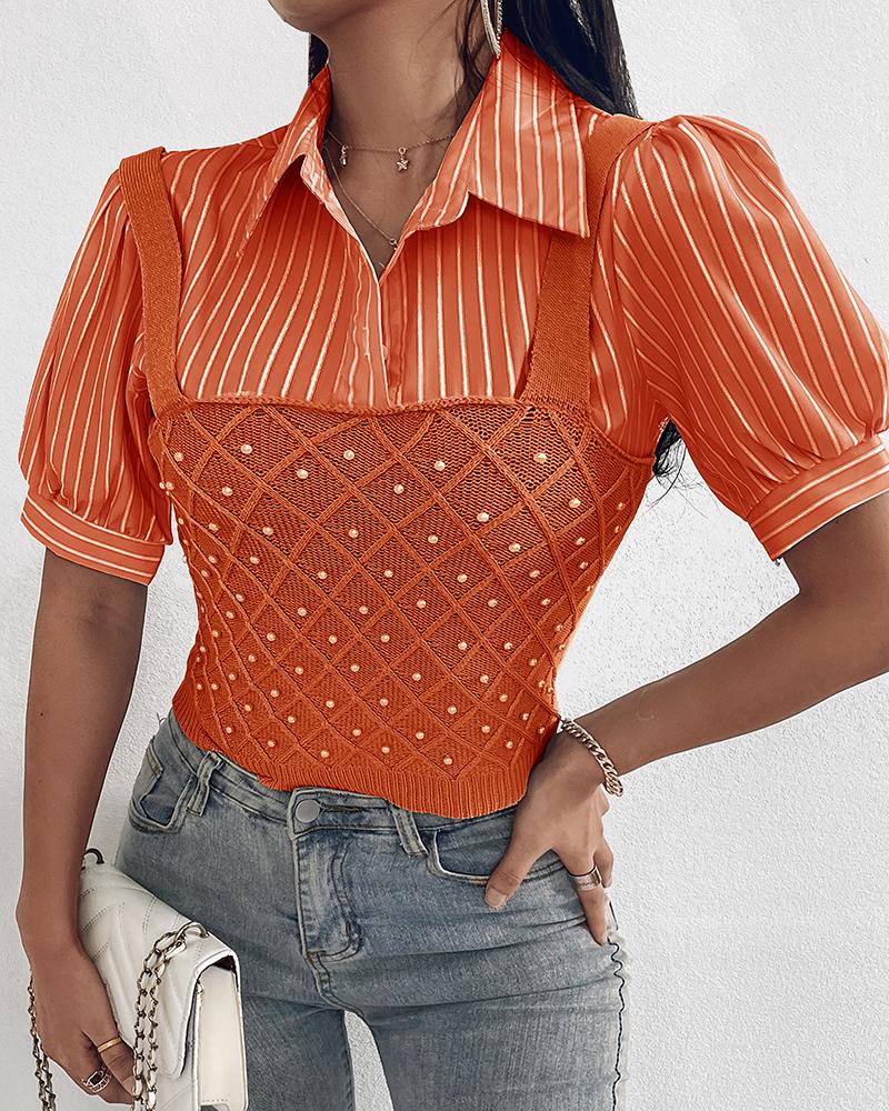 

Pearls Studded Knit Patchwork Fake Two-Piece Shirt, Orange