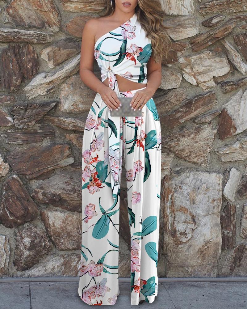 

Floral Print One Shoulder Tied Detail Crop Top & Wide Leg Pants Set, Blue