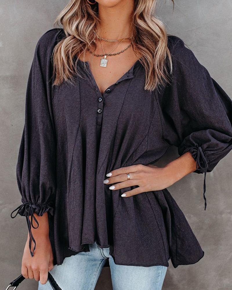 

Drawstring Button Front Irregular Top, Black
