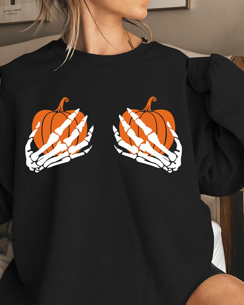 

Halloween Skull Hands Pumpkin Print Long Sleeve Sweatshirt, Black