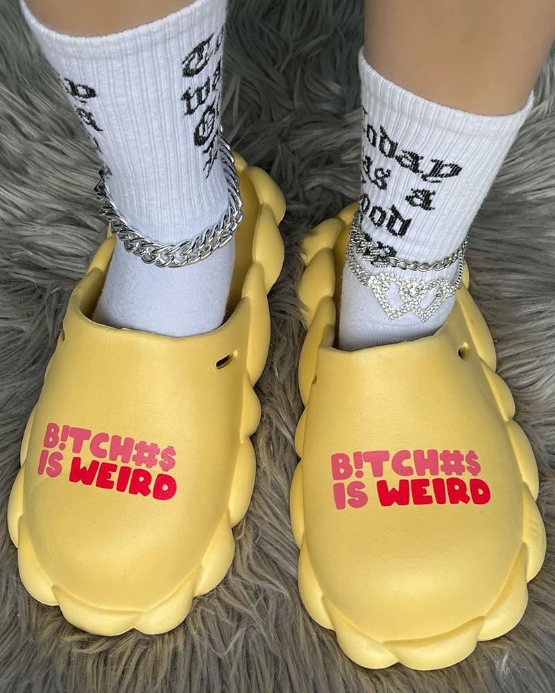 

Letter Print Hollow Out Bubble Detail Slide Slippers, Yellow