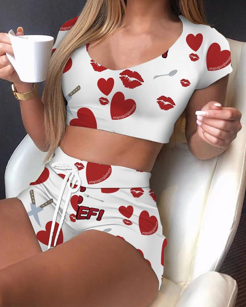 

Valentine' Day Lip Heart Print Drawstring Pajamas Set, White