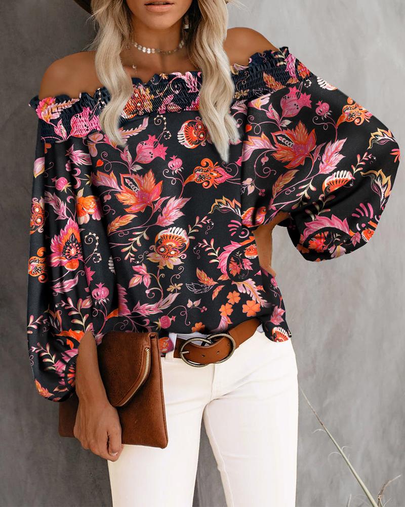 

Floral Print Shirred Off Shoulder Top, Black