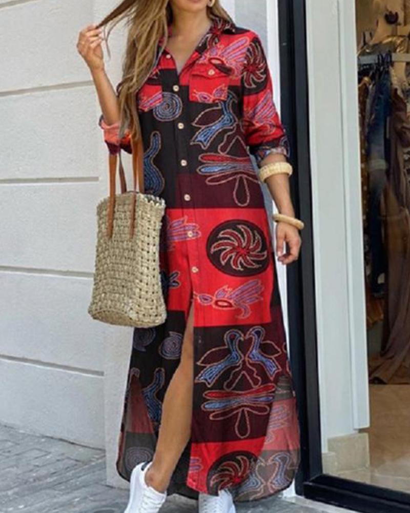

Retro Pattern Print Long Sleeve Loose Button-up Dress, Style6