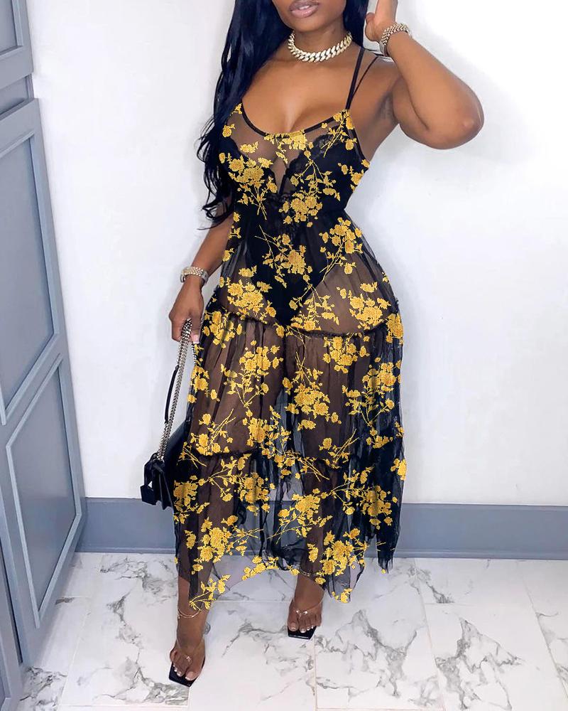 

Floral Print Mesh Large Bottom Maxi Dress, Black