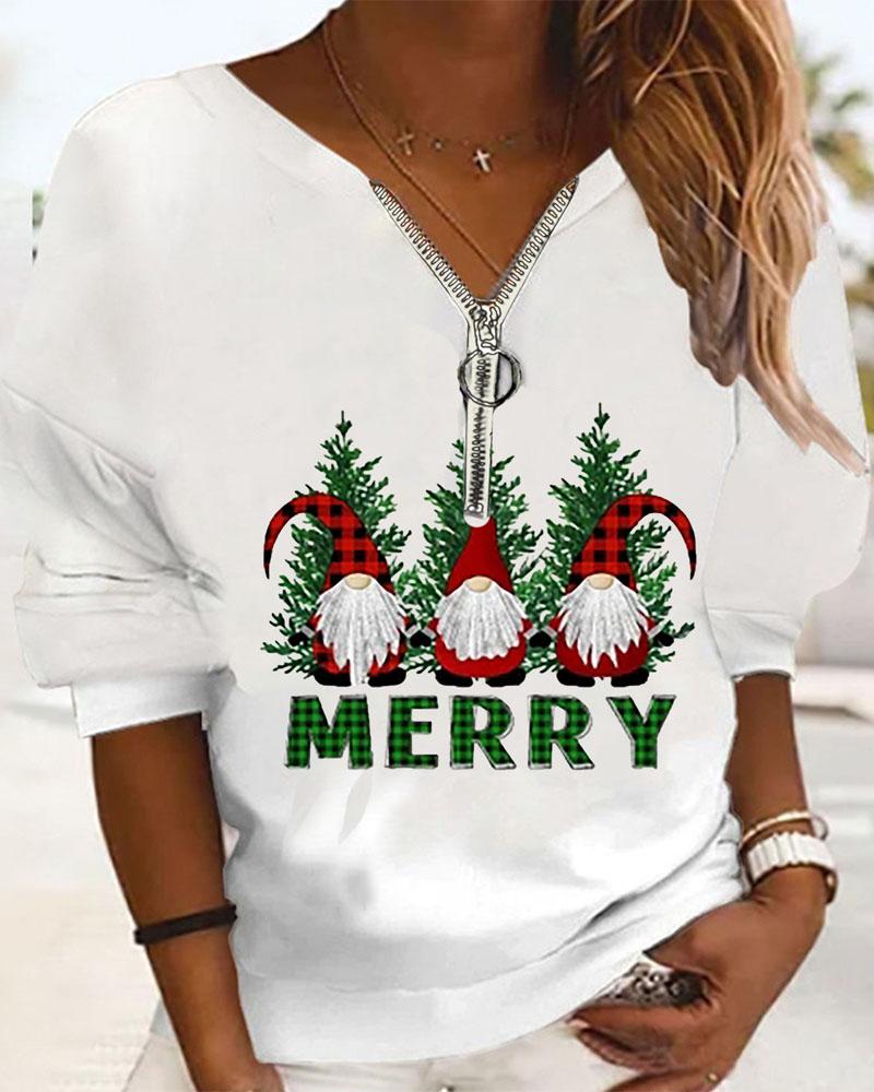 

Plus Size Christmas Tree Gnome Print Zip Front Casual Top, White