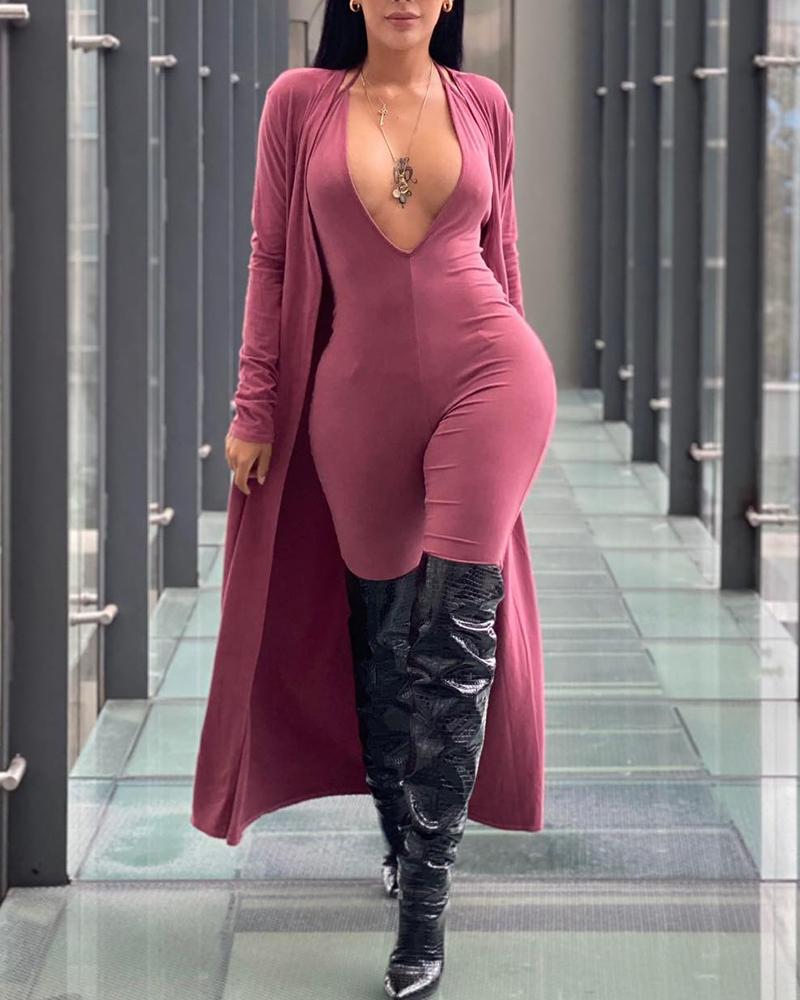 

Plunge Jumpsuit With Long Sleeve Cardigan, Pink
