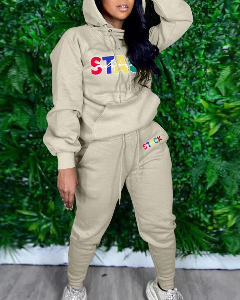 

Plus Size Letter Print Long Sleeve Hoodie & Pants Set, Apricot