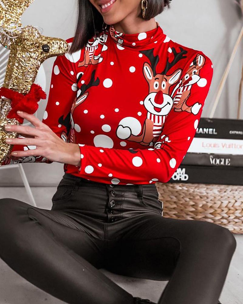 

Christmas Snow Deer Print Long Sleeve Bodysuit, Red