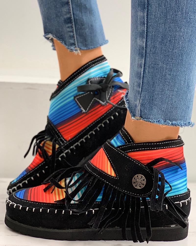 

Striped Colorblock Tassel Design Shoes, Black