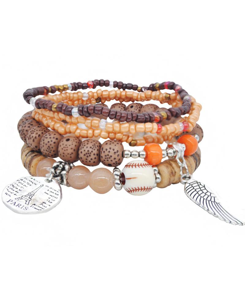 

1pcs Bohemian Stackable Beaded Wings Pattern Bracelet, Coffee