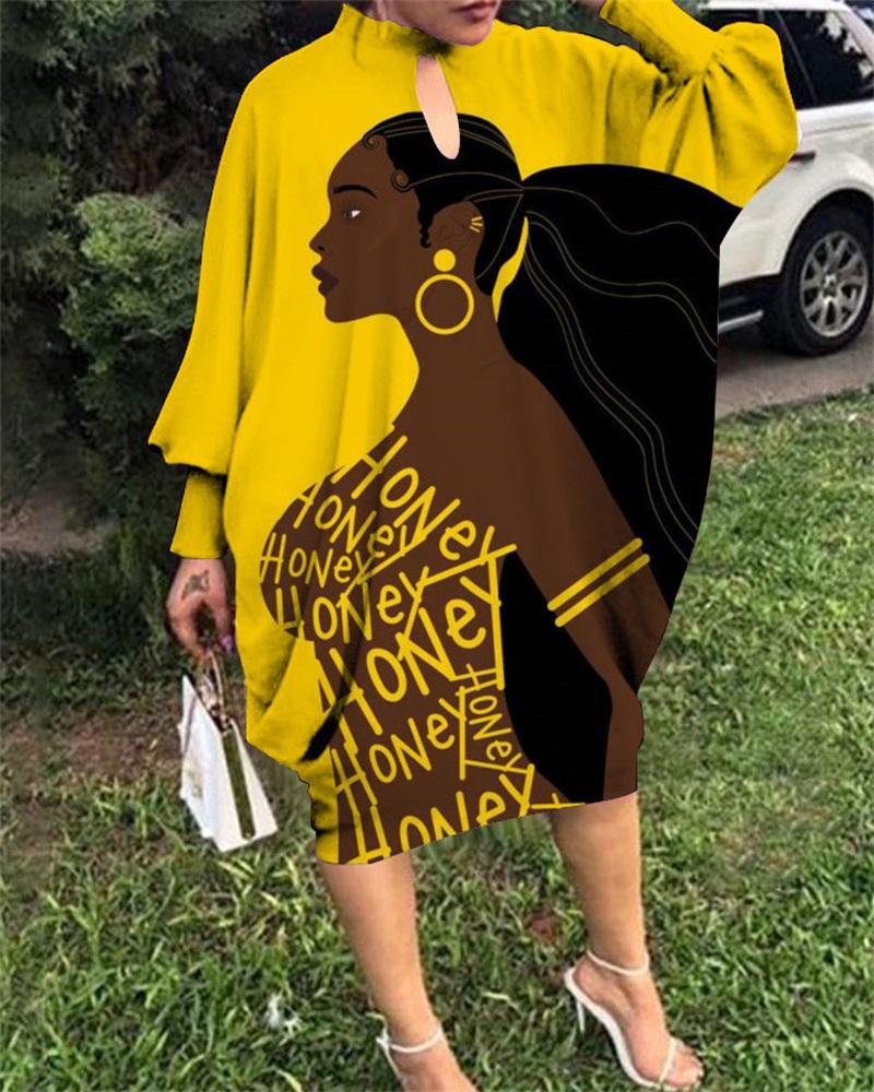 

Plus Size Figure Print Batwing Lantern Sleeve Casual Dress, Yellow