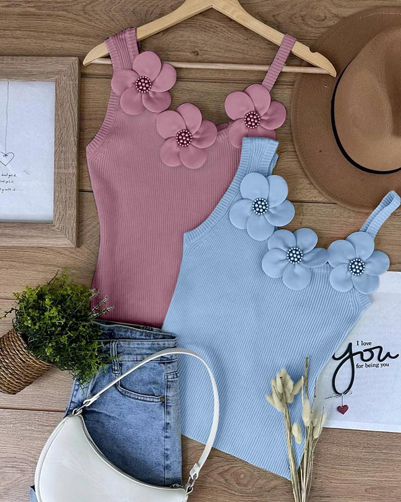 

Top sin mangas de punto con cuentas y estampado floral, Lighted blue