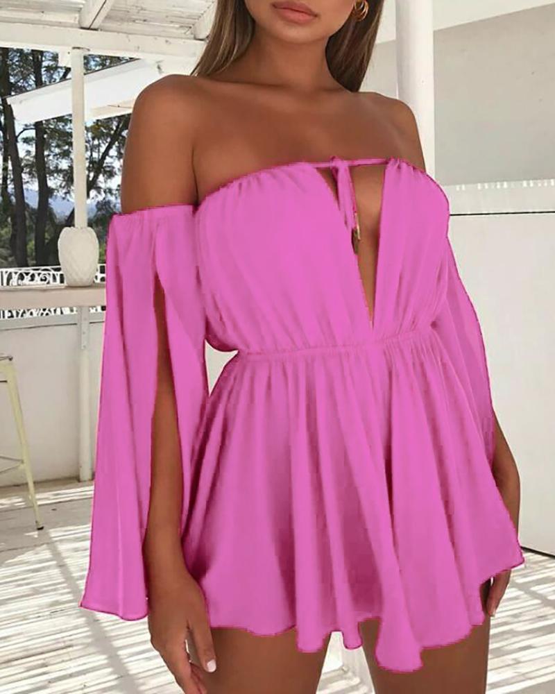 

Off Shoulder Plain Slit Mini Dress, Purple