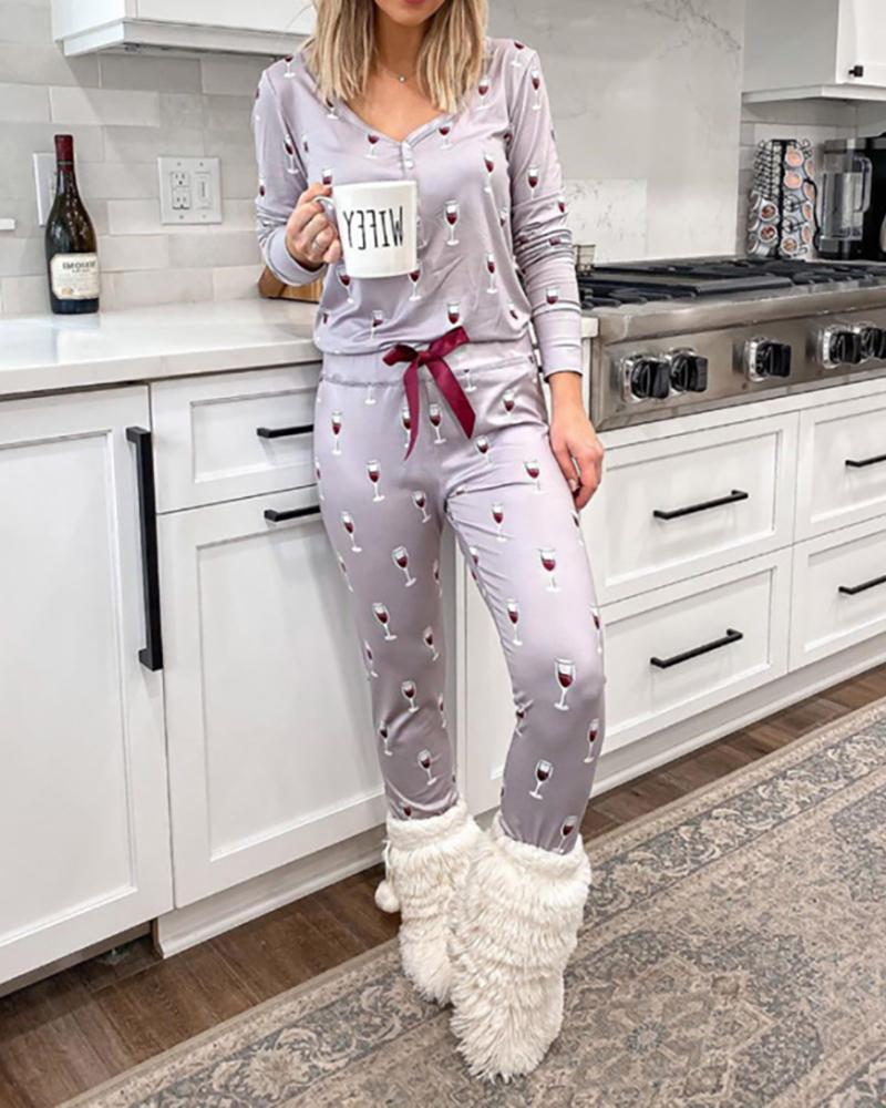 

Christmas Print Bowknot Design Top & Pants Set, Gray