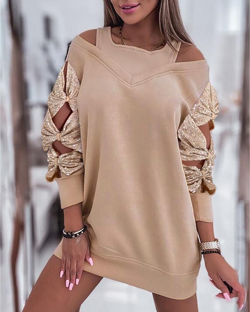 

Bowknot Design Contrast Sequin Sweatshirt Dress, Apricot
