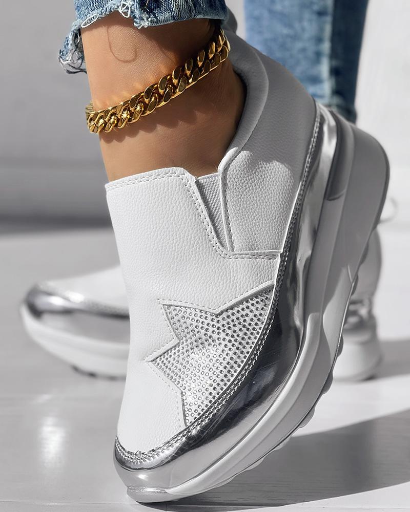 

Rhinestone Star Pattern Platform Muffin Sneakers, White