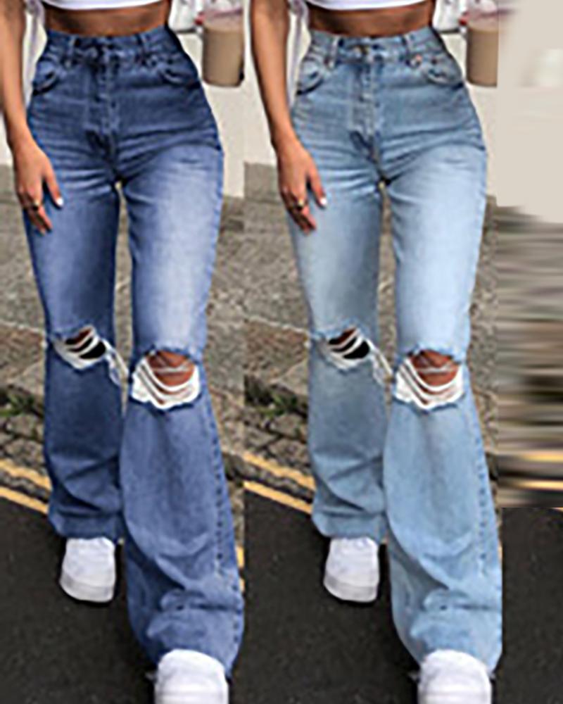 

Wide Leg Ripped Single Button Denim Pants, Dark blue