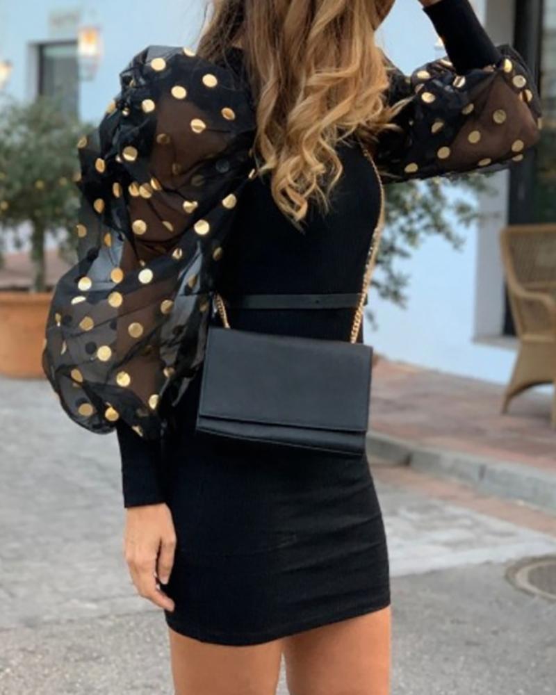 

Mesh Dot Lantern Sleeve Bodycon Dress, Black