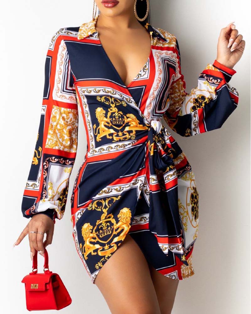 

Plunge Scarf Print Twisted Front Bodycon Dress, Yellow