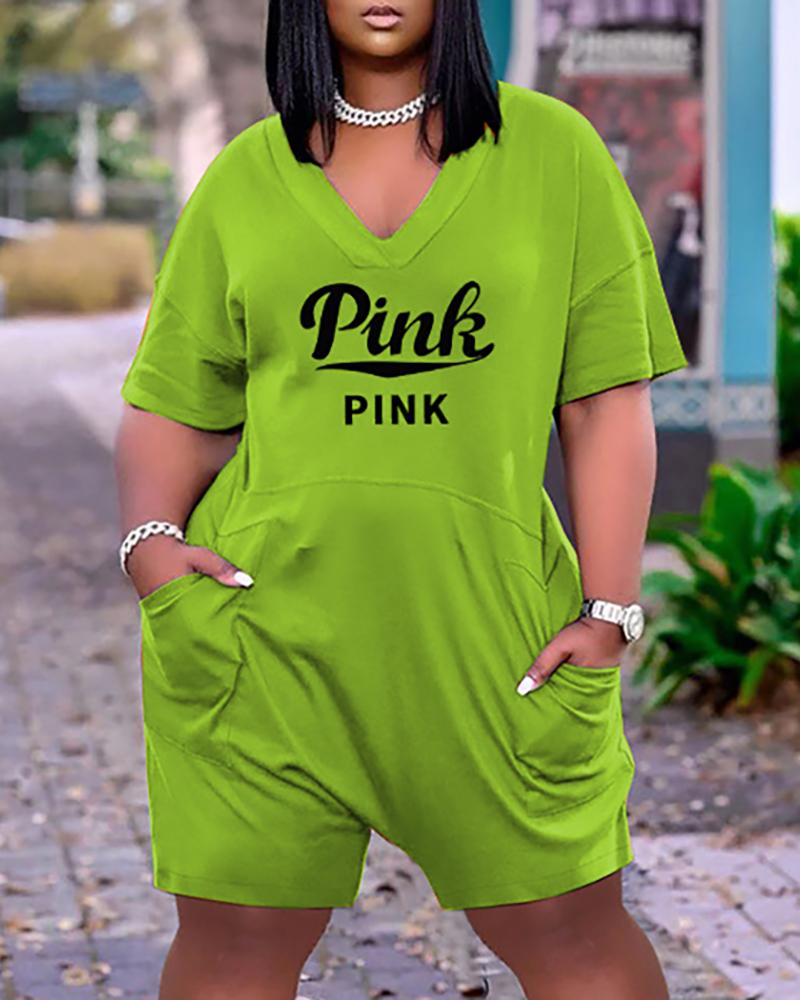

Pocket Design Letter Print Short Sleeve Romper, Green