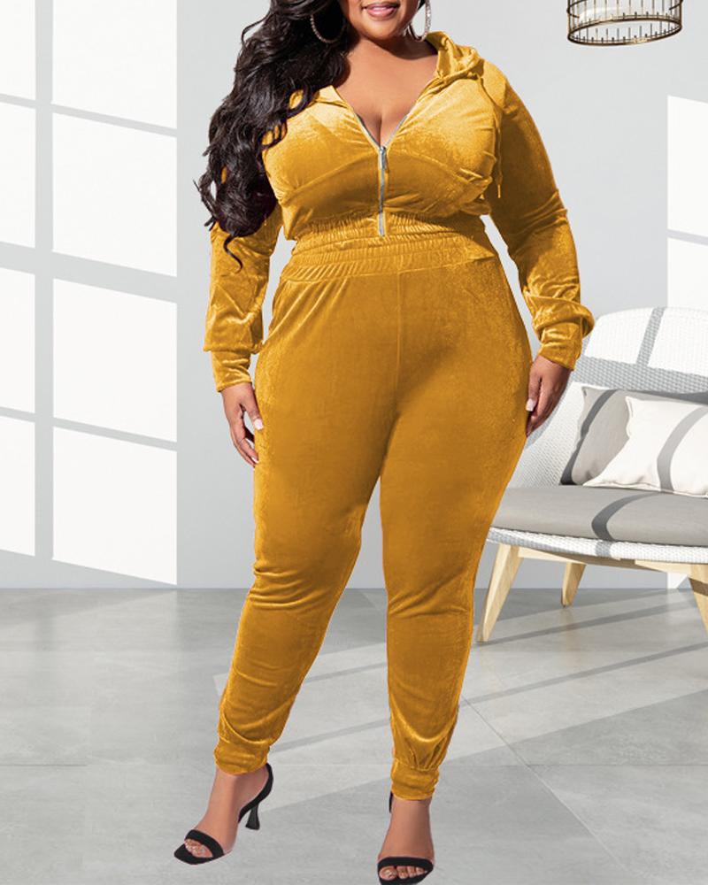 

Plus Size Velvet Zip Up Hooded Top & Pants Set, Yellow