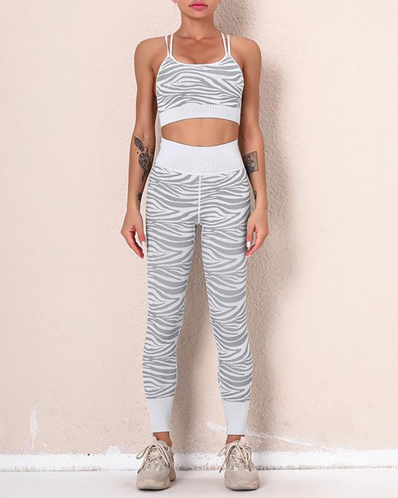 

Zebra Stripe Print Butt Lifting High Waist Active Set, White